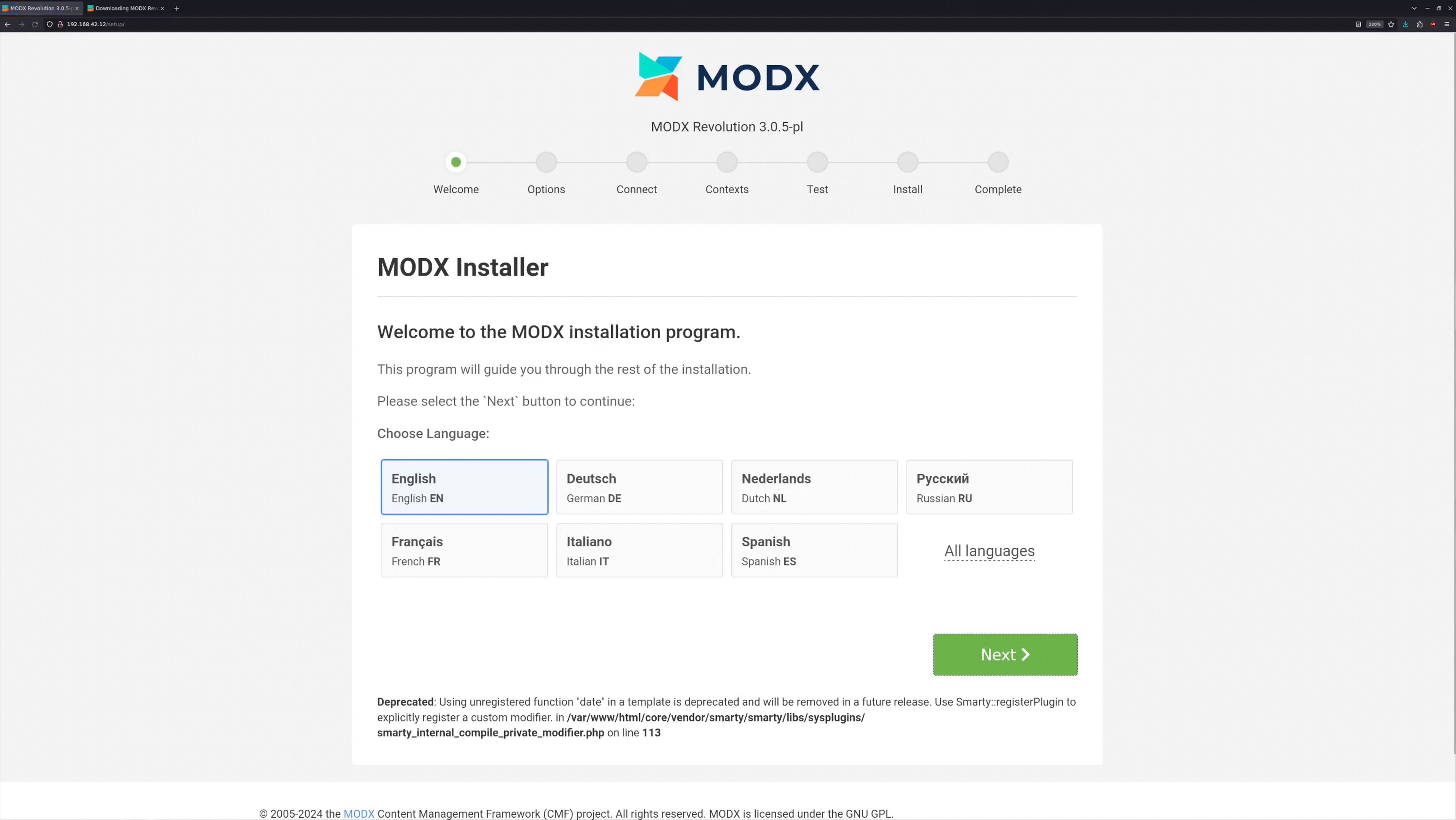 Back in the web browser, navigate to .../setup to get MODX installed.